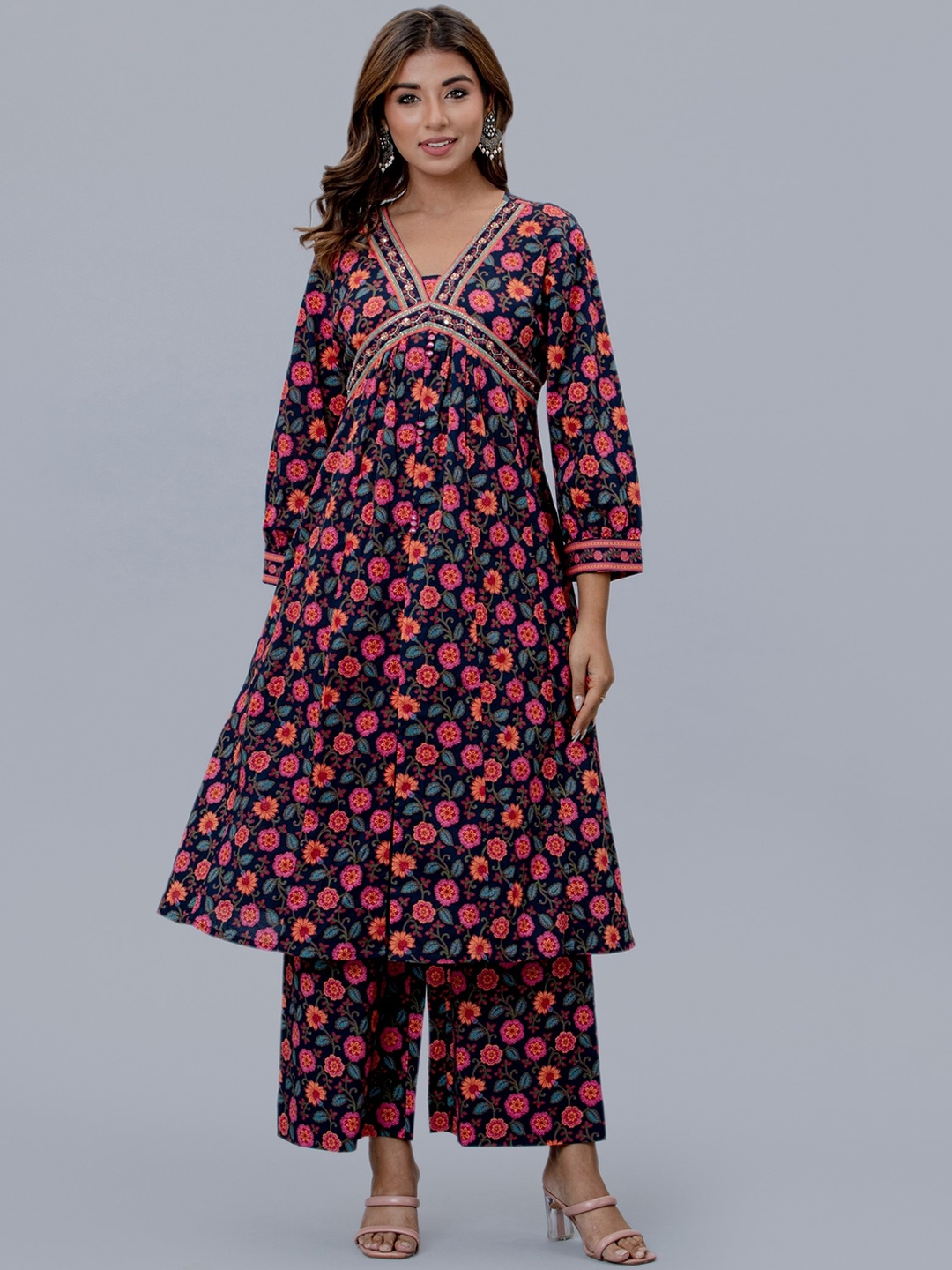 

EtnicaWear Women Ethnic Motifs Printed Empire Pure Cotton Kurta with Palazzos, Blue