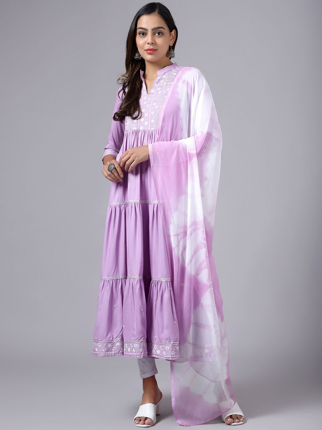 

KALINI Floral Embroidered Tiered Kurta With Dupatta, Lavender