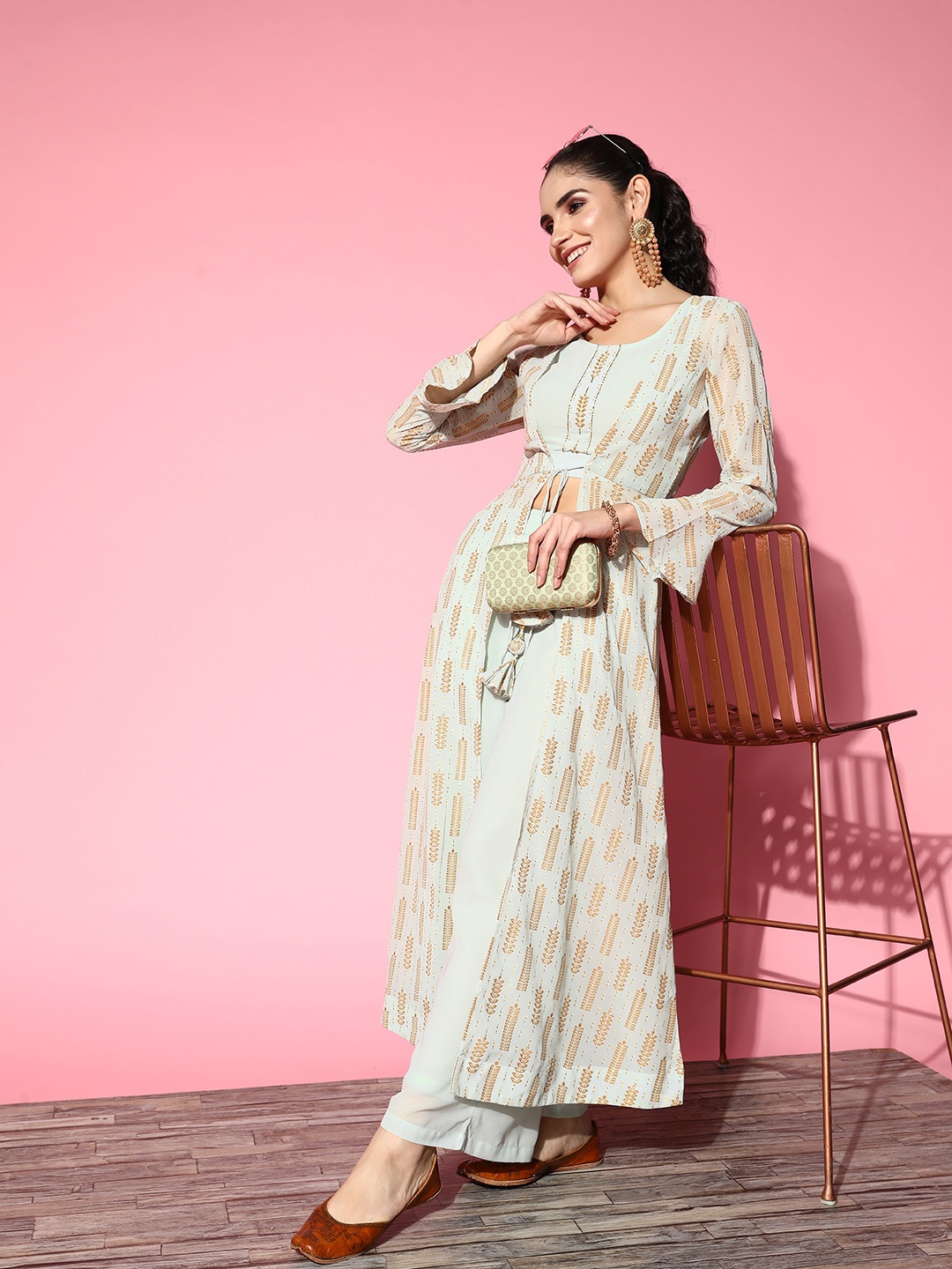 

Yufta Women Georgette Printed Top With Palazzos & With Jacket, Sea green