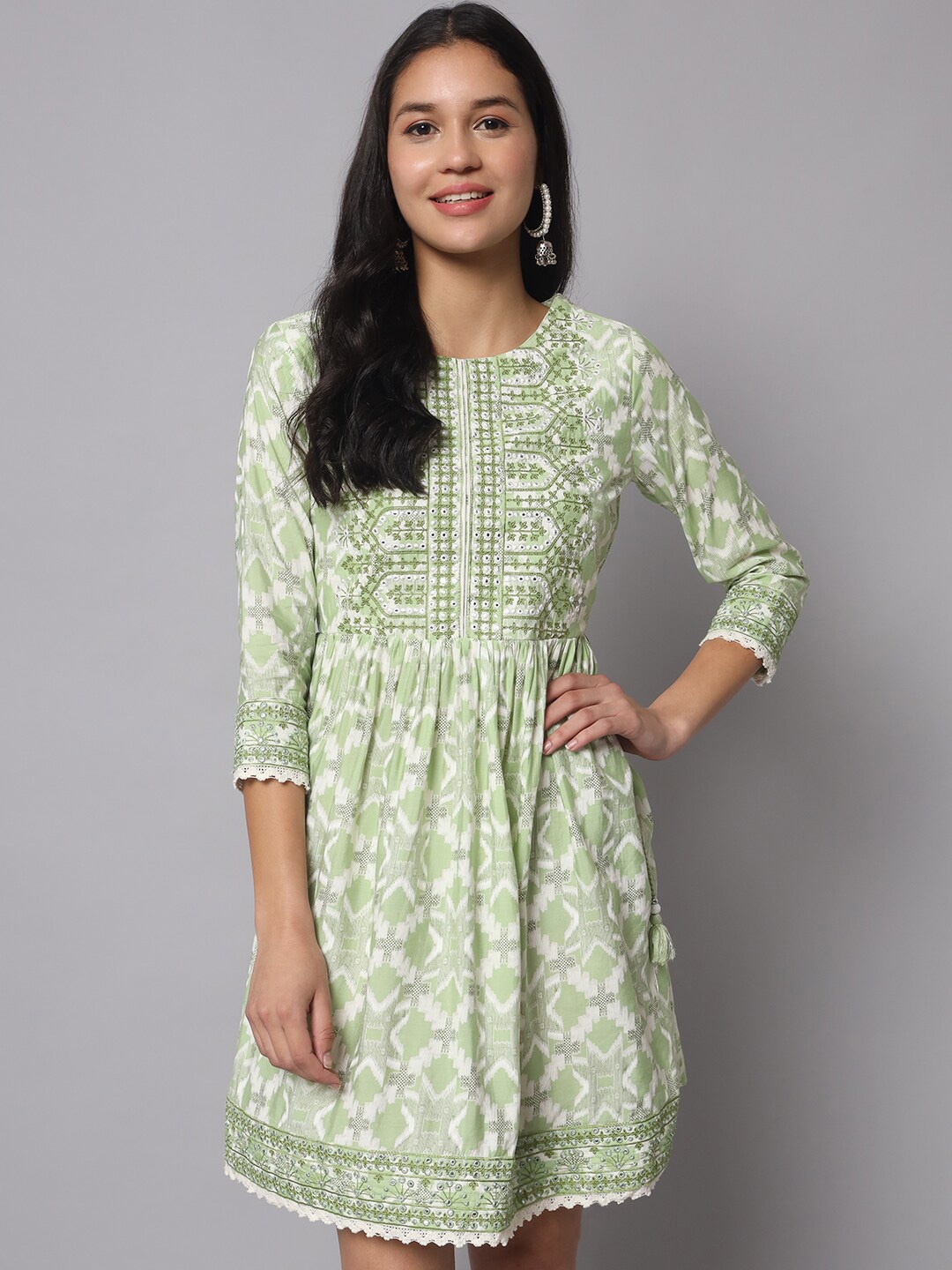 

KALINI Off White & Green Printed Cotton Tunic
