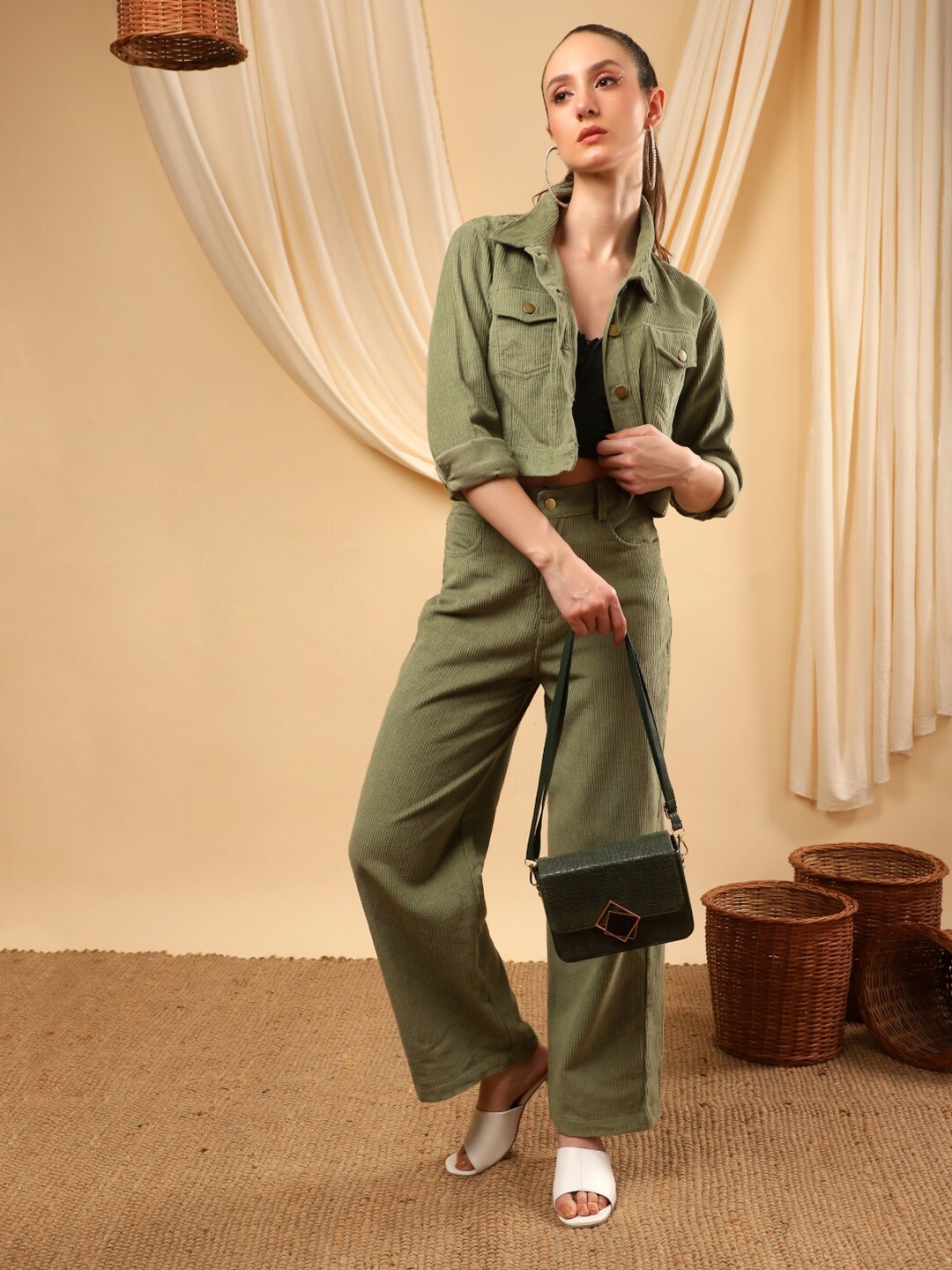 

Bani Women Women Crop Shirt with Trouser Co-Ords Set, Khaki