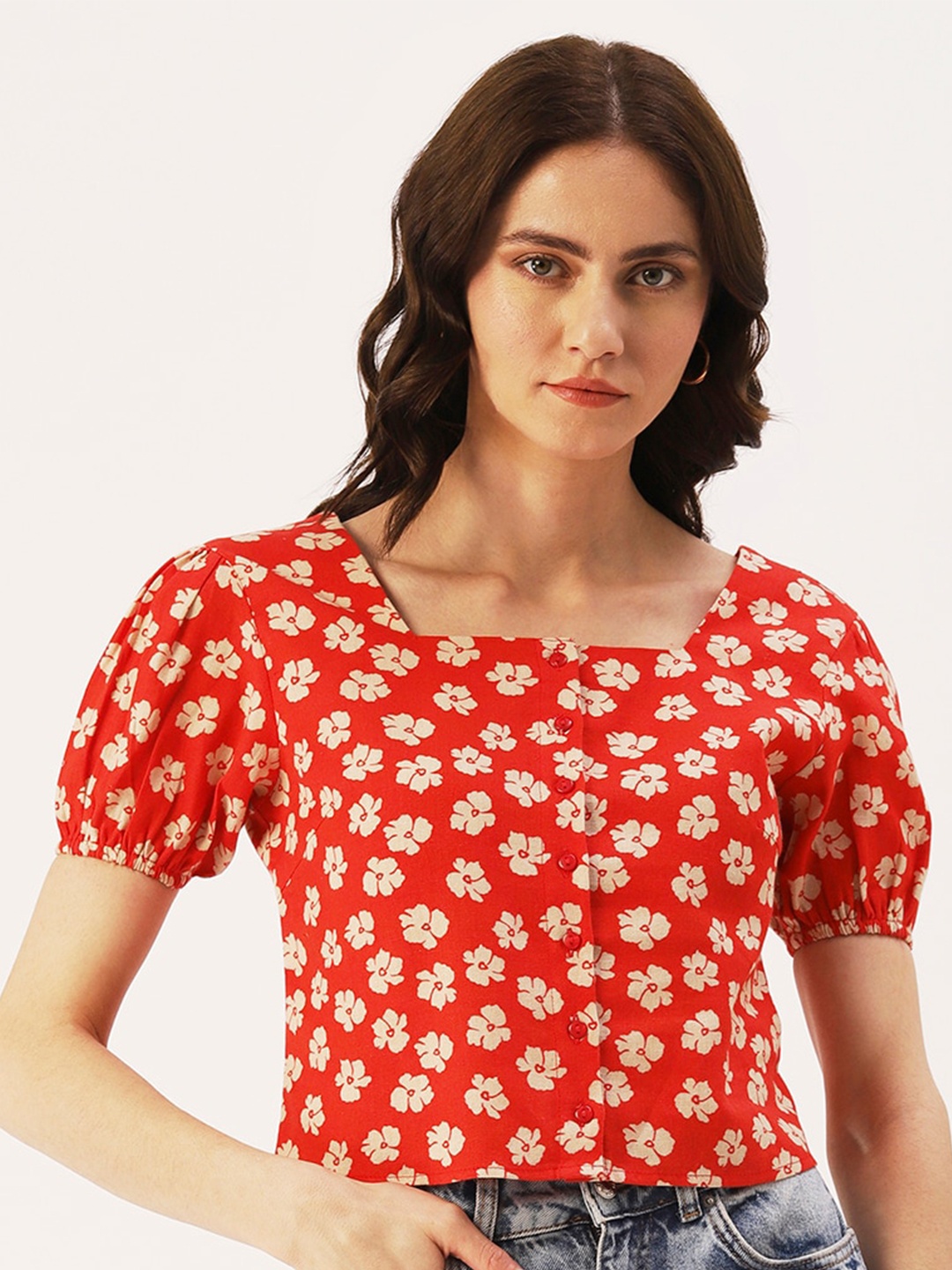 

DressBerry Floral Print Crop Top, Orange