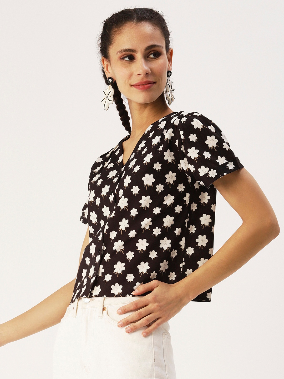 

DressBerry Black Floral Print Crepe Top