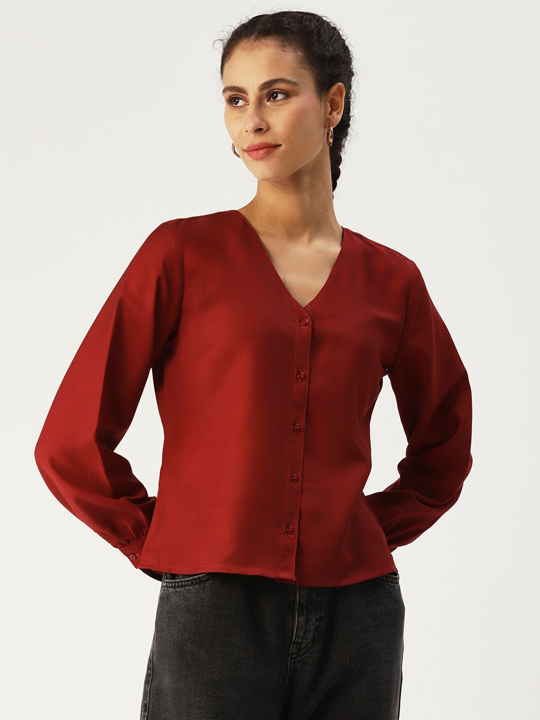 

DressBerry Shirt Style Cuffed Sleeves Top, Maroon