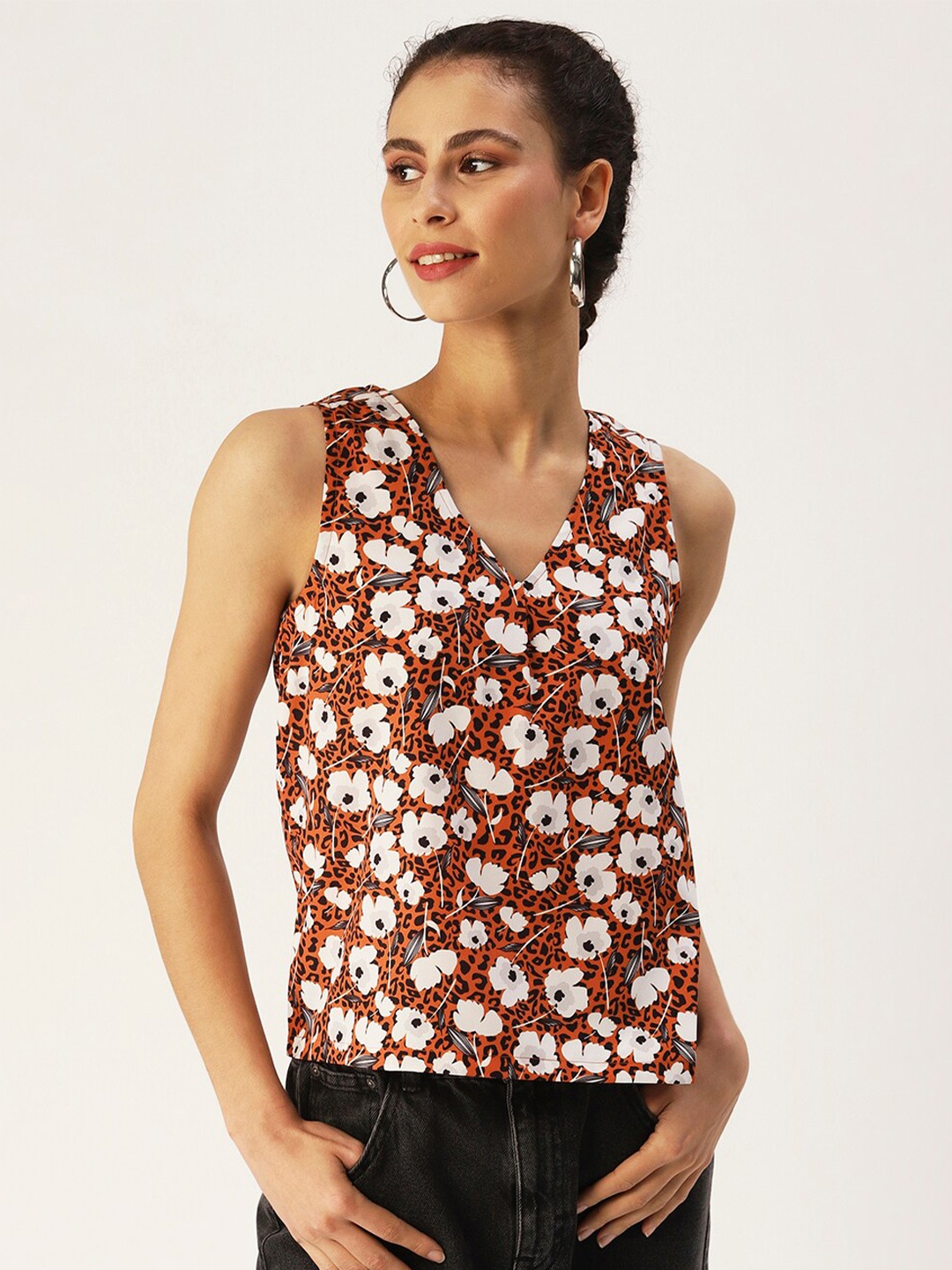 

DressBerry Rust Floral Print Crepe Top