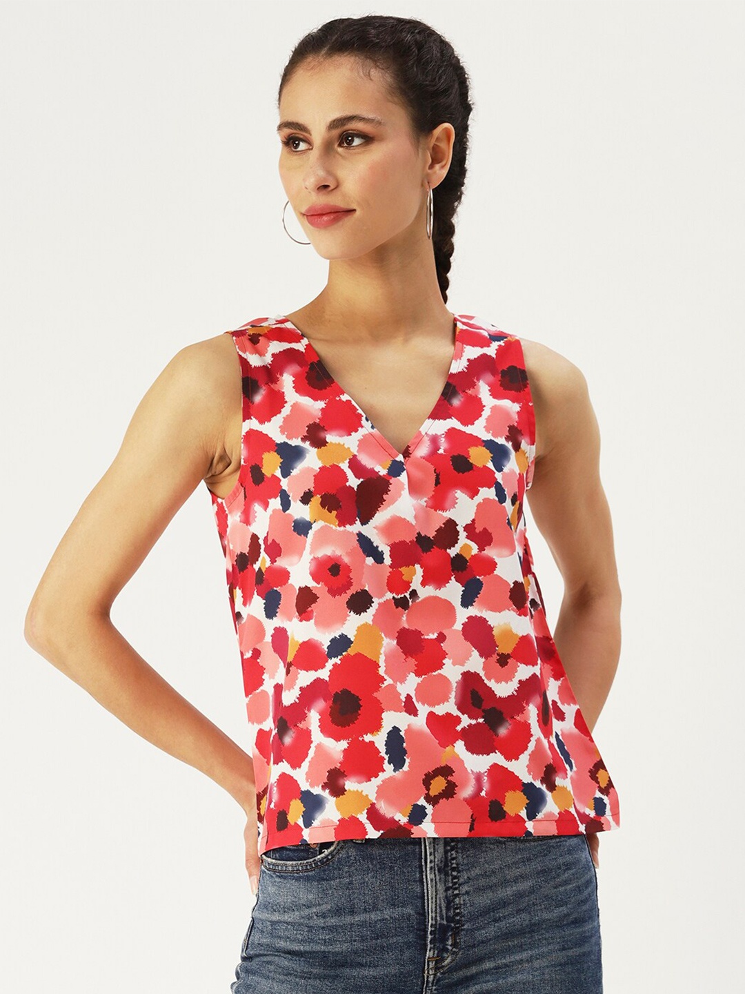 

DressBerry Red Floral Print Crepe Top