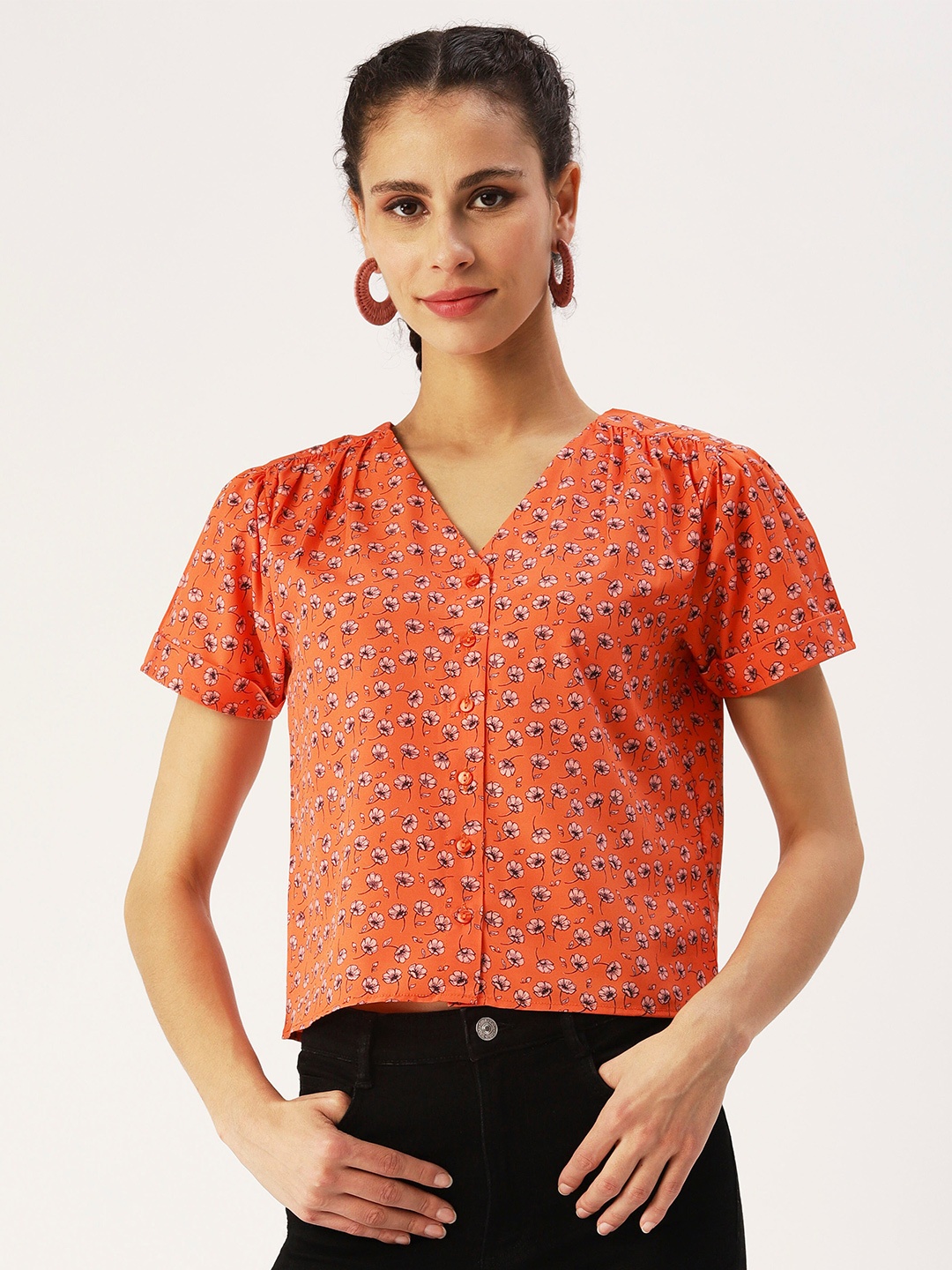 

DressBerry Orange Floral Print Crepe Top