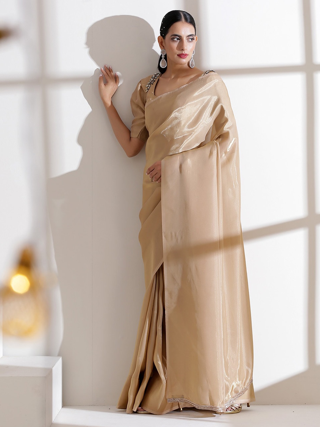 

Swtantra U-Neck Puff Sleeves Saree Blouse, Beige