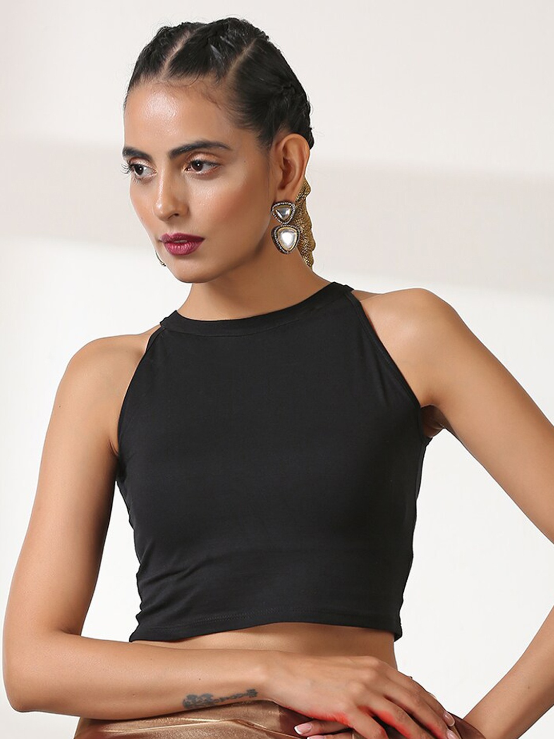 

Swtantra Stretchy Knitted Saree Crop Top Blouse, Black