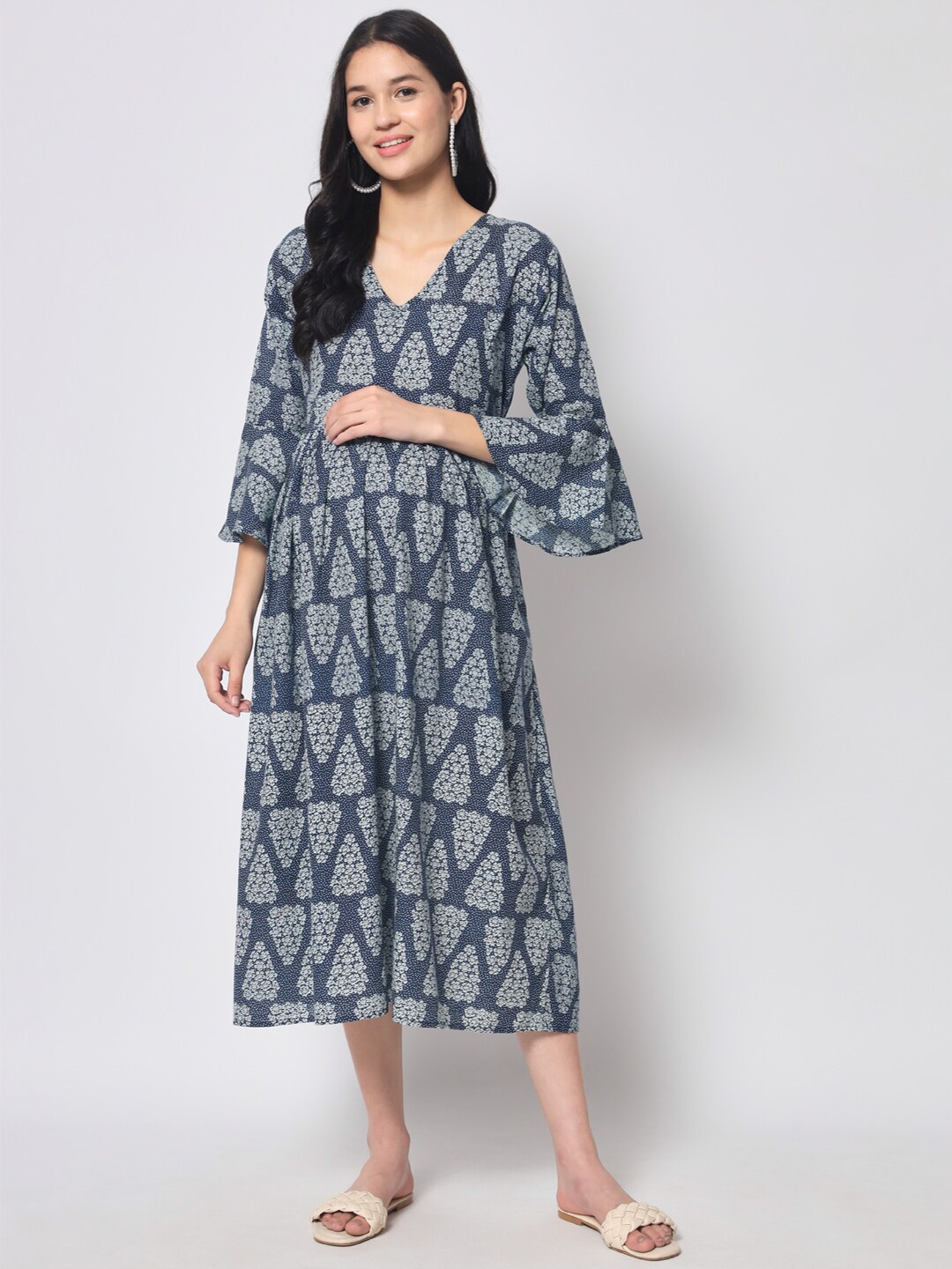 

Aujjessa Ethnic Motifs Cotton Maternity Midi Dress, Blue