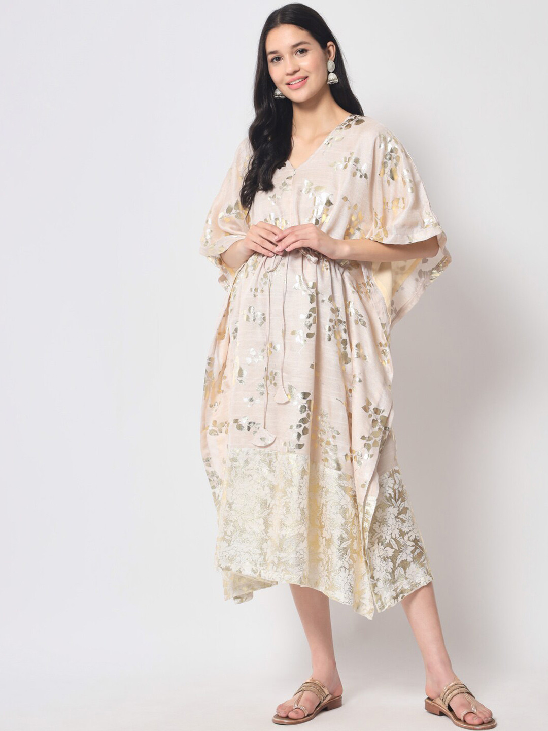 

Aujjessa Floral Net Maternity Kaftan Midi Dress, Gold