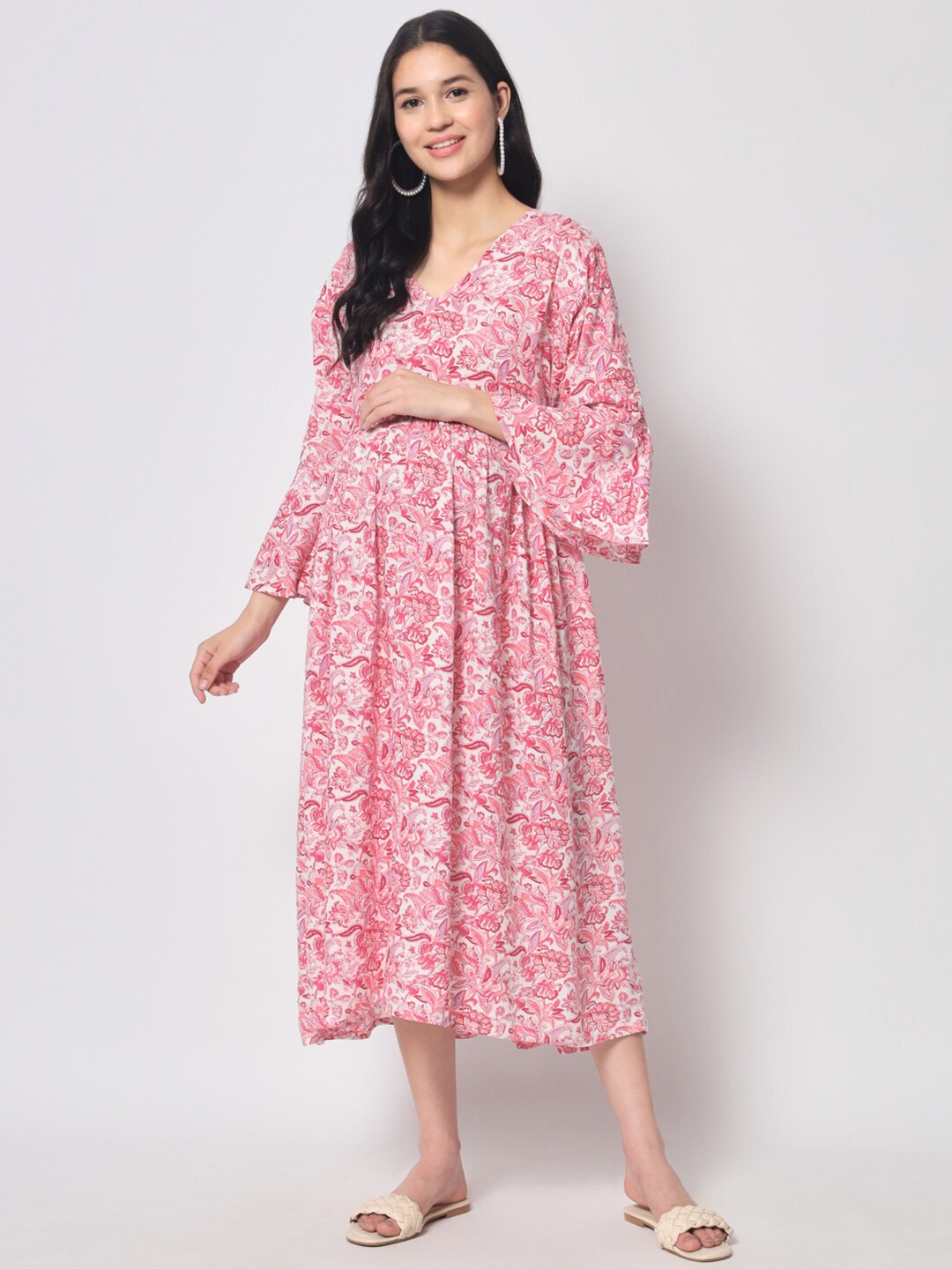 

Aujjessa Floral Bell Sleeve Maternity Midi Dress, White