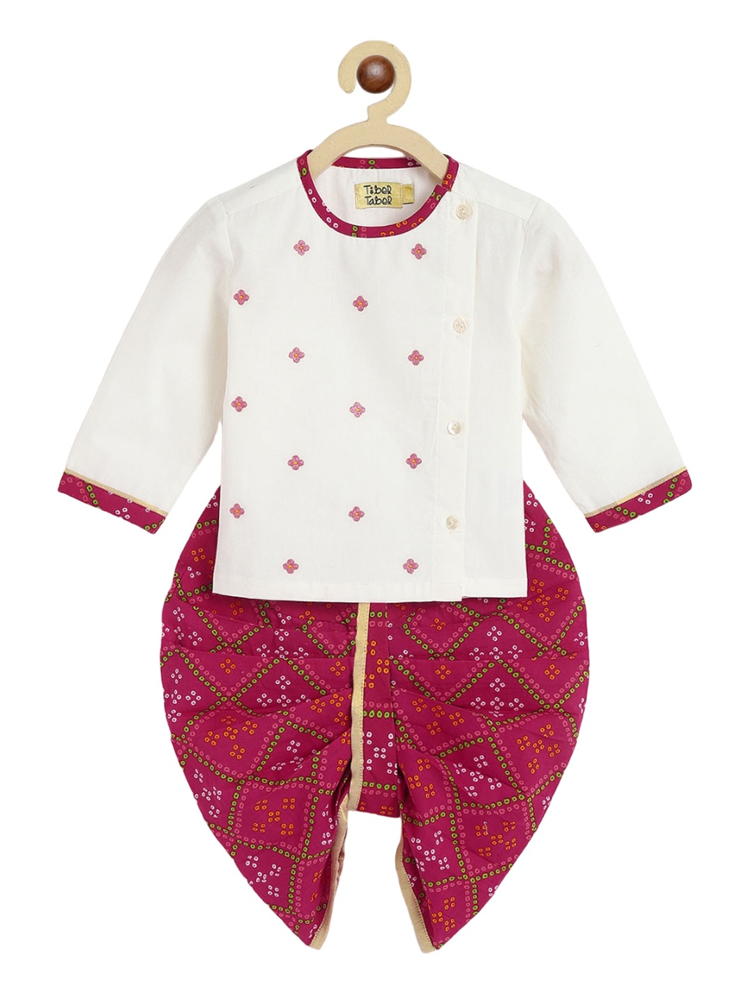 

Tiber Taber Boys Bandhani Printed Angrakha Pure Cotton Kurta with Dhoti Pants, Pink