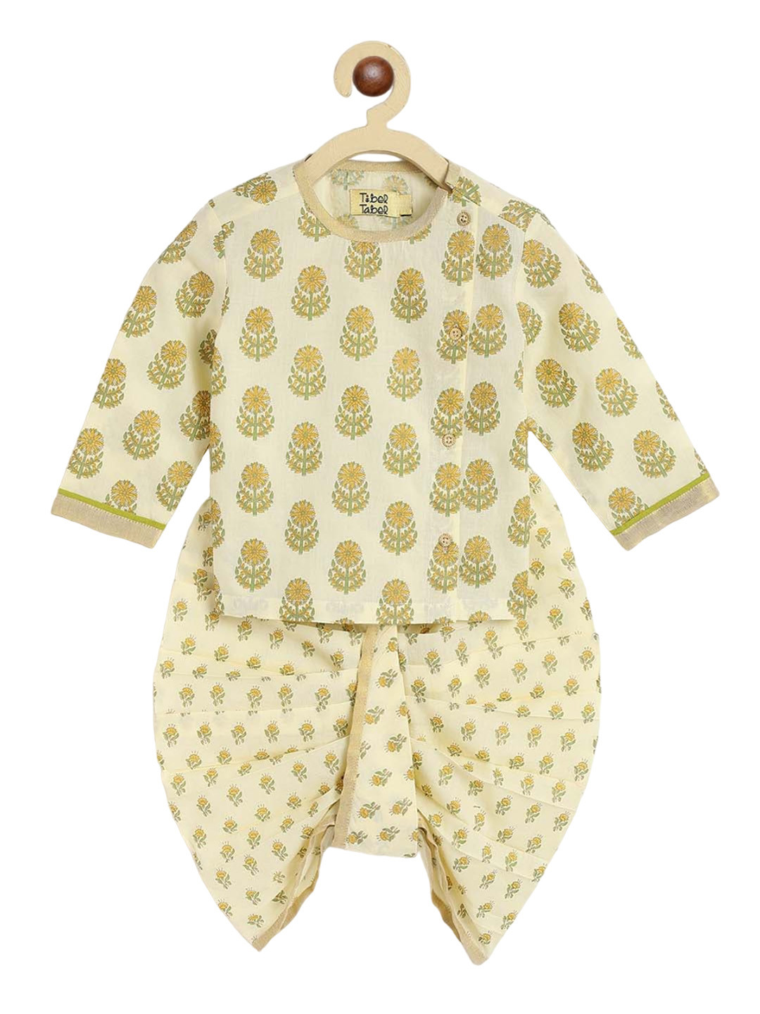 

Tiber Taber Boys Floral Printed Pure Cotton Kurta with Dhoti Pants, Cream