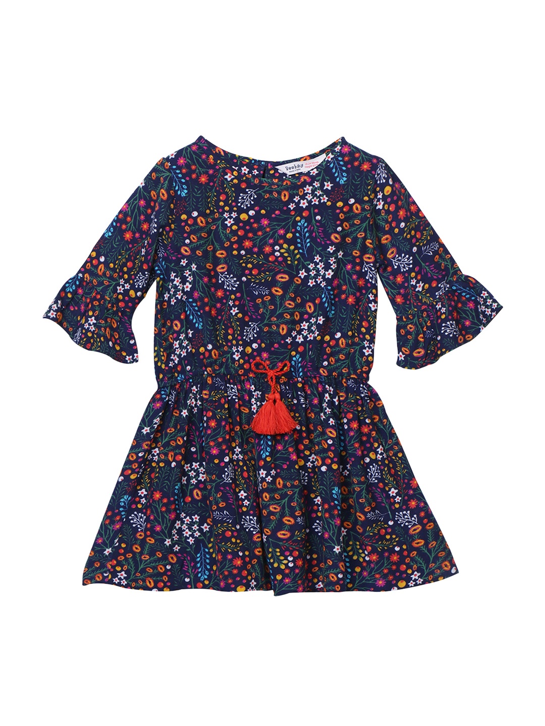 

Beebay Girls Navy Floral Print Fit and Flare Dress, Navy blue