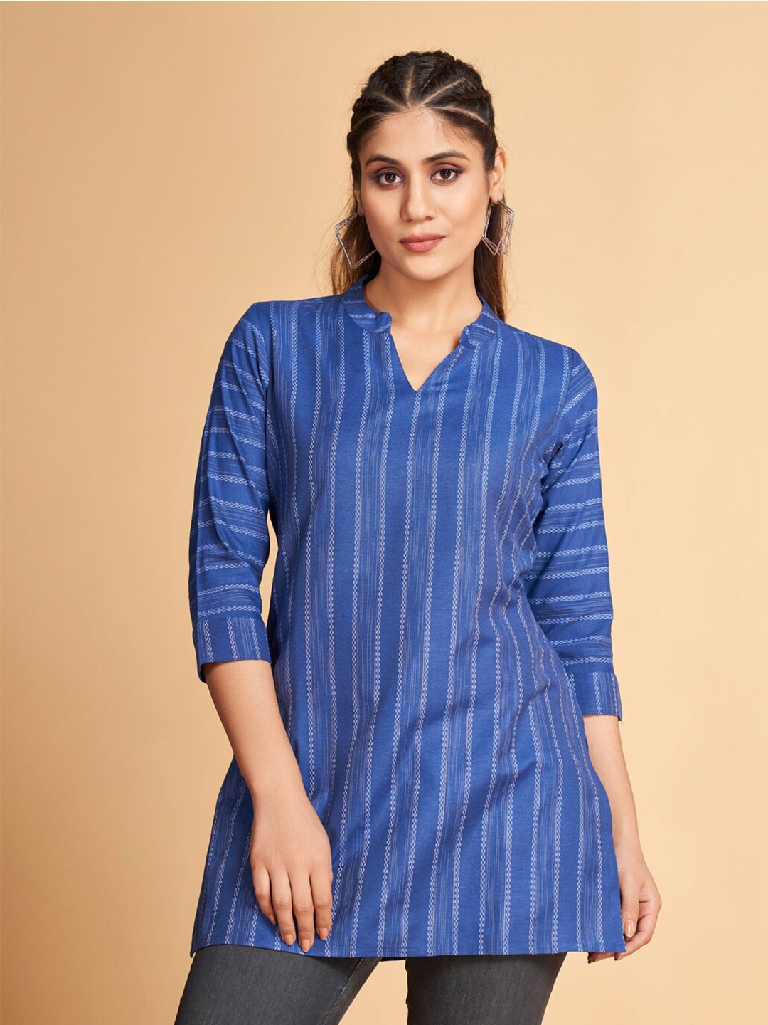 

SHOPGARB Striped Pure Cotton Kurti, Blue