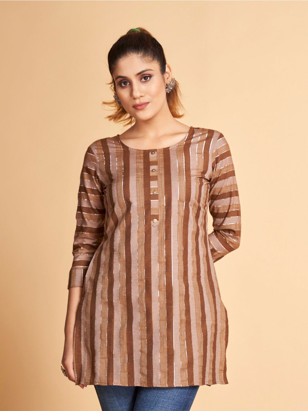 

SHOPGARB Striped Pure Cotton Kurti, Brown