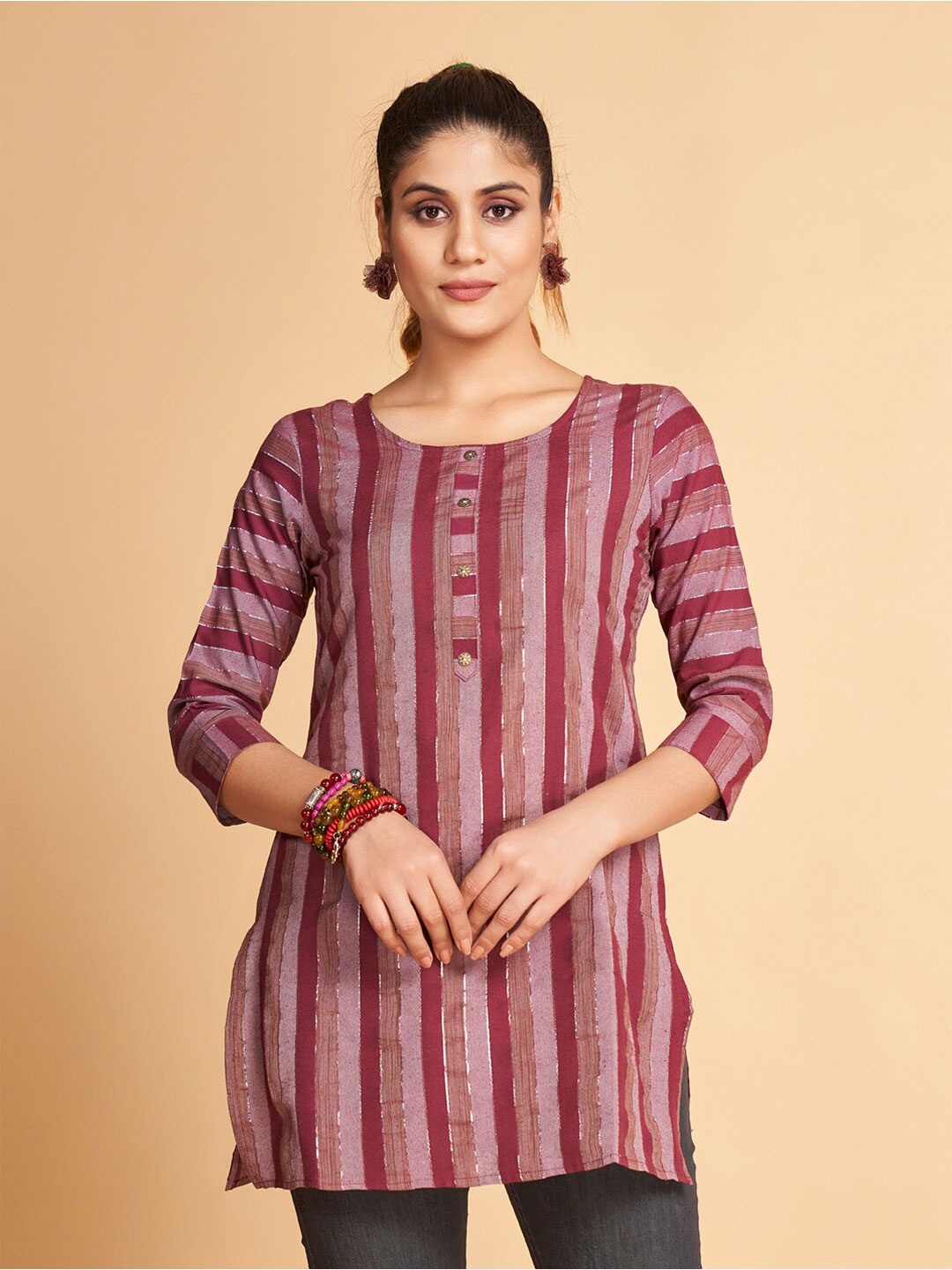 

SHOPGARB Striped Pure Cotton Kurti, Pink