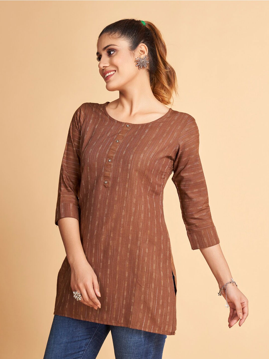 

SHOPGARB Striped Pure Cotton Kurti, Brown