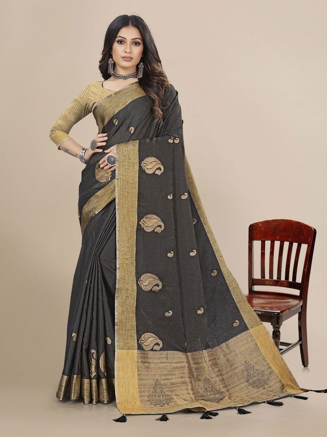 

Mitera Ethnic Motifs Zari Pure Linen Saree, Black