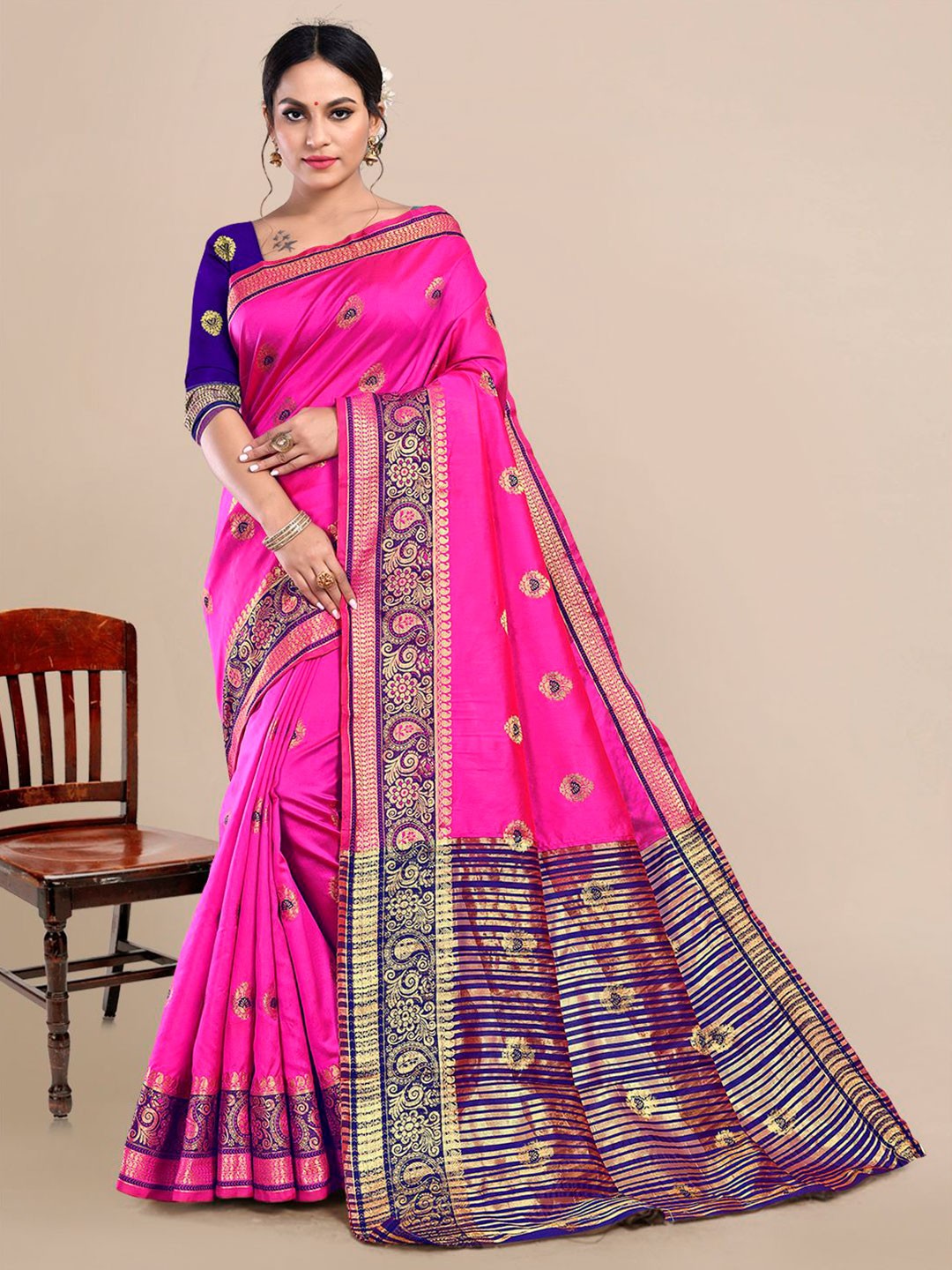 

Mitera Woven Design Zari Silk Blend Saree, Pink