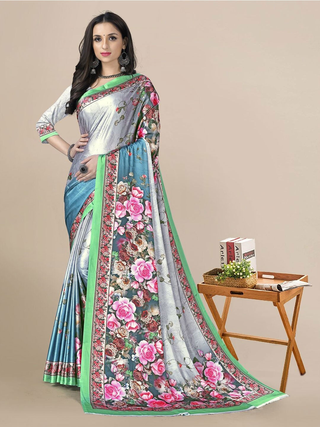 

Mitera Floral Printed Satin Saree, Grey