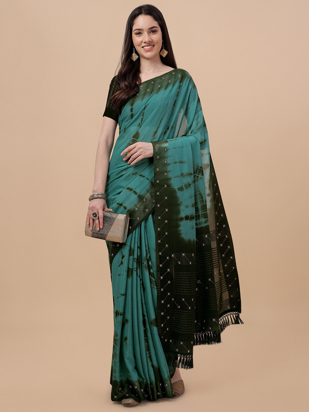 

Mitera Tie and Dye Beads and Stones Saree, Turquoise blue