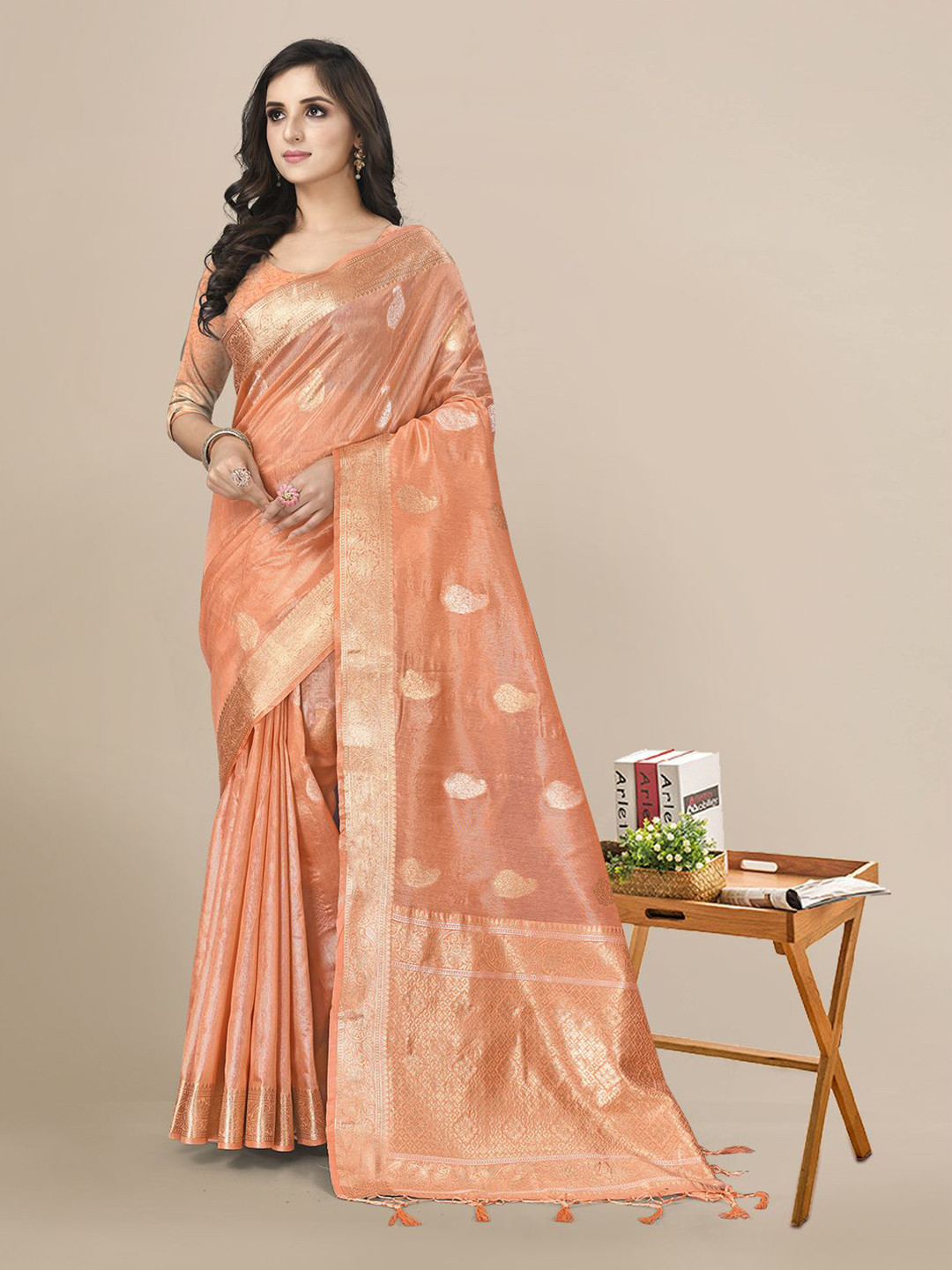 

Mitera Woven Design Zari Linen Blend Saree, Peach