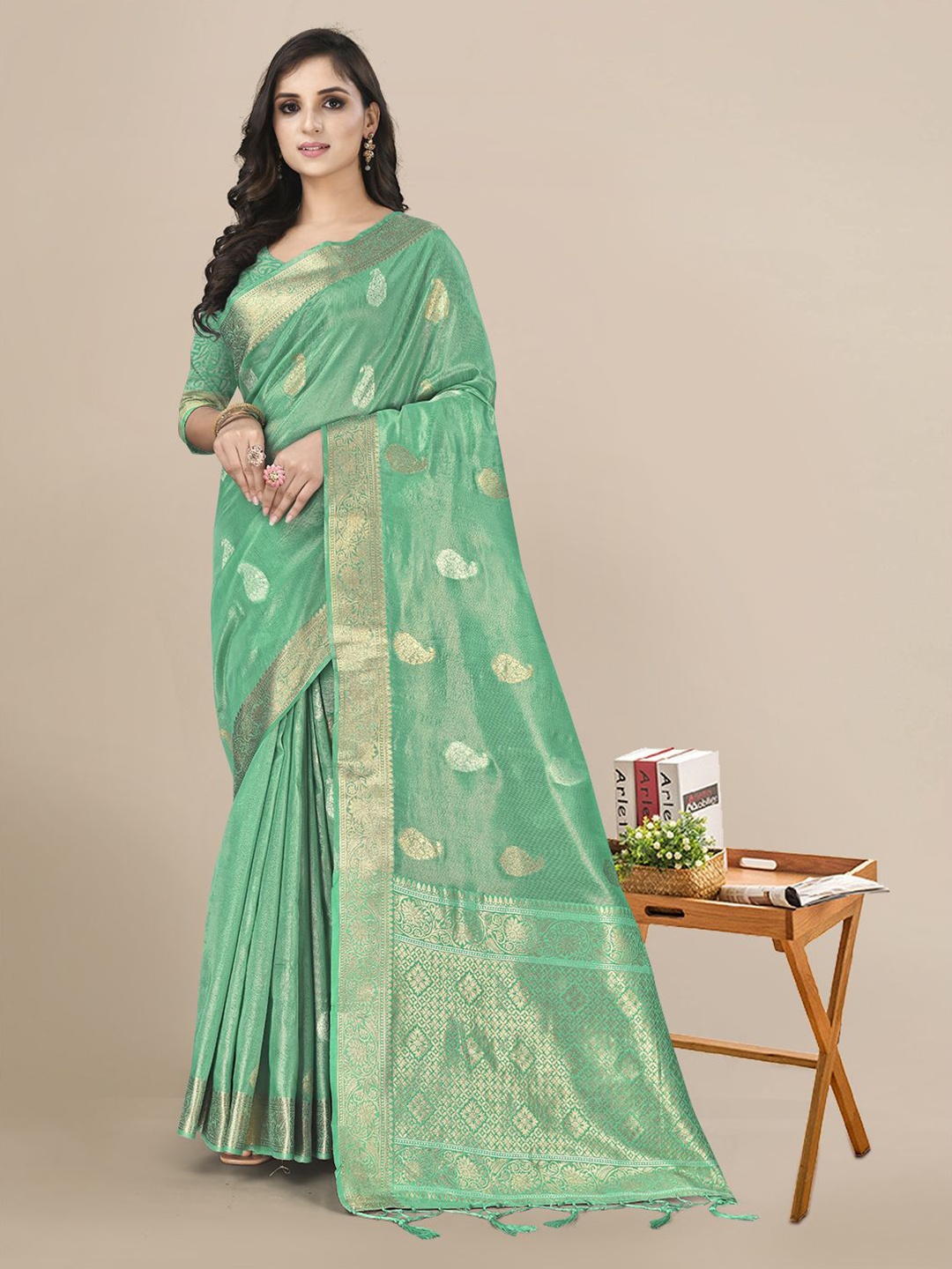 

Mitera Woven Design Zari Linen Blend Saree, Green
