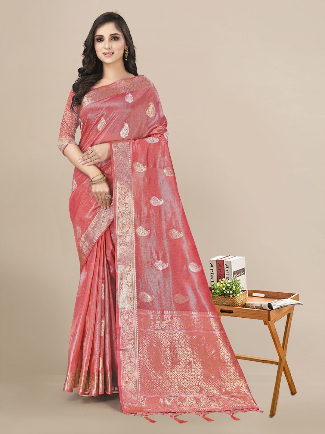 

Mitera Woven Design Zari Linen Blend Saree, Peach