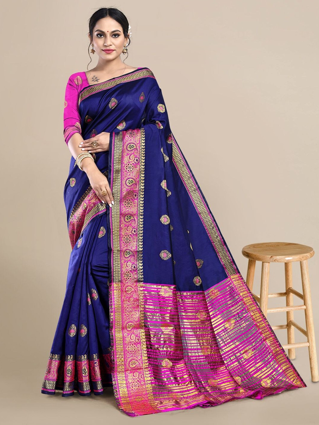 

Mitera Woven Design Zari Silk Blend Saree, Navy blue
