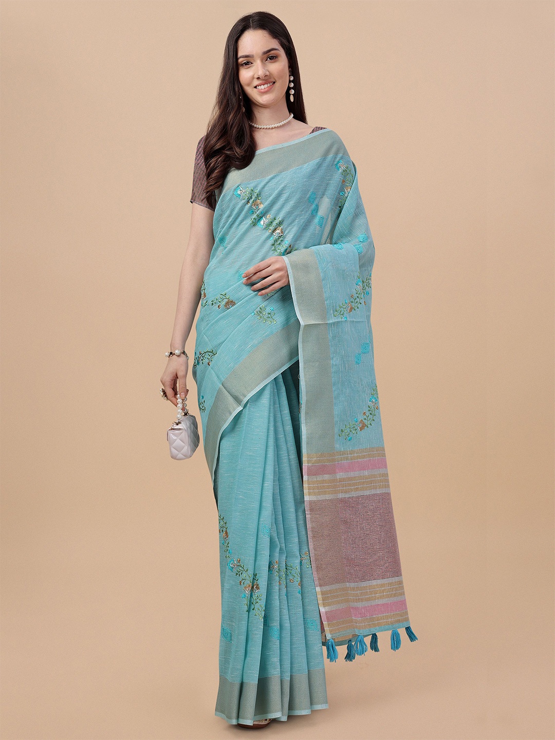 

Mitera Floral Printed Pure Linen Saree, Blue