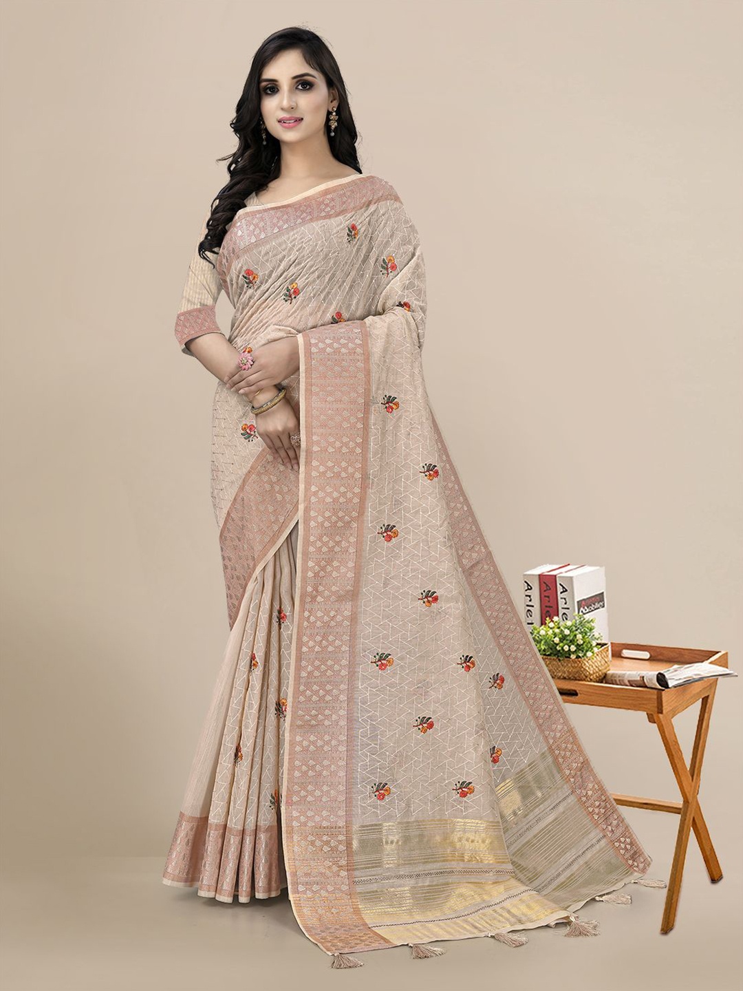 

Mitera Floral Embroidered Linen Blend Saree, Beige