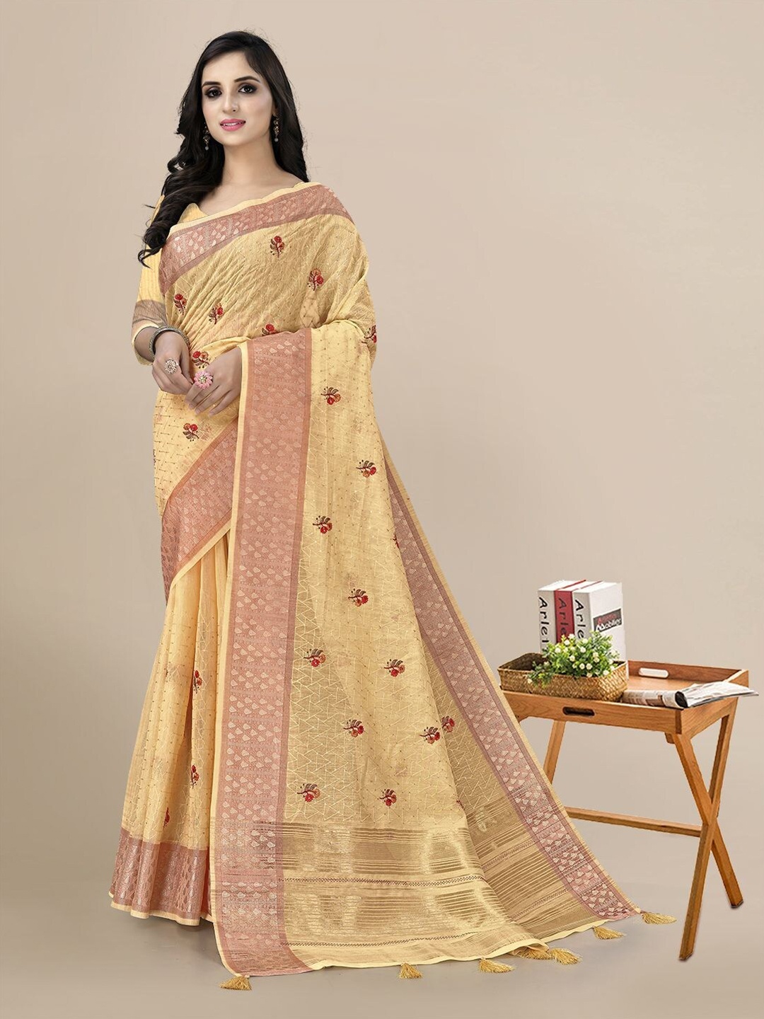 

Mitera Floral Embroidered Linen Blend Saree, Yellow