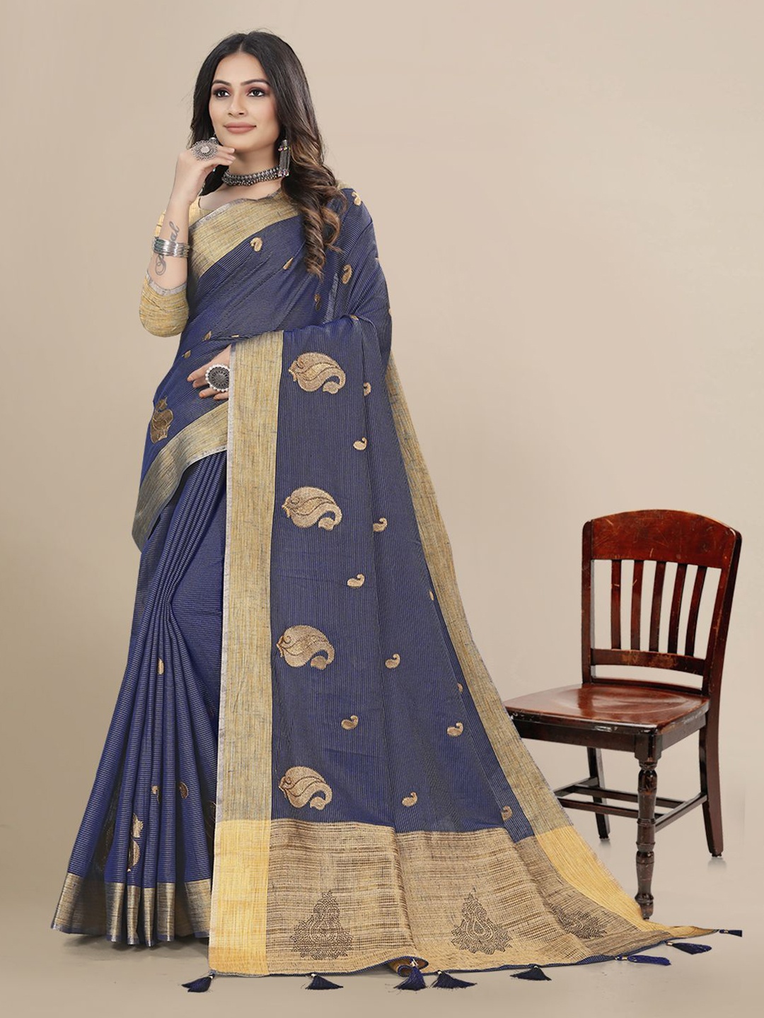

Mitera Ethnic Motifs Zari Pure Linen Khadi Saree, Navy blue