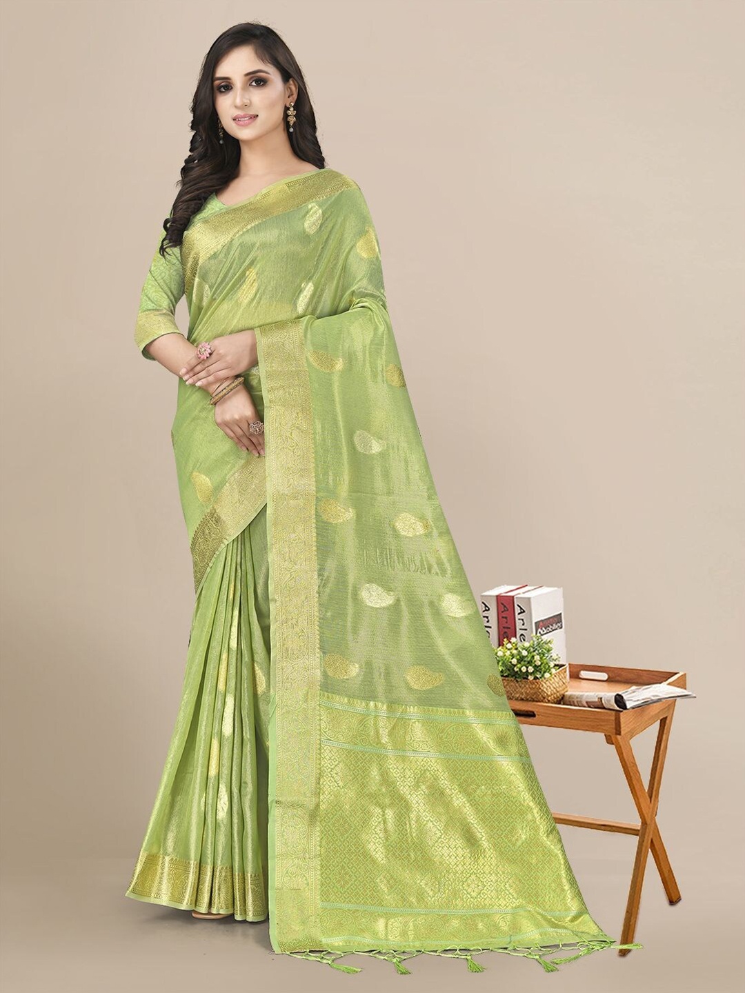 

Mitera Woven Design Zari Linen Blend Saree, Green