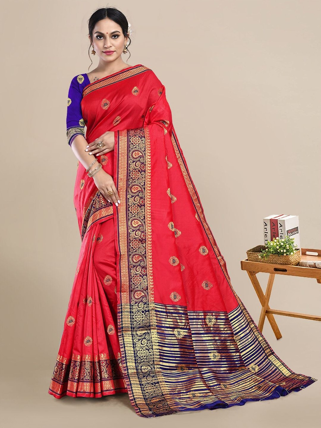 

Mitera Woven Design Zari Silk Blend Saree, Red