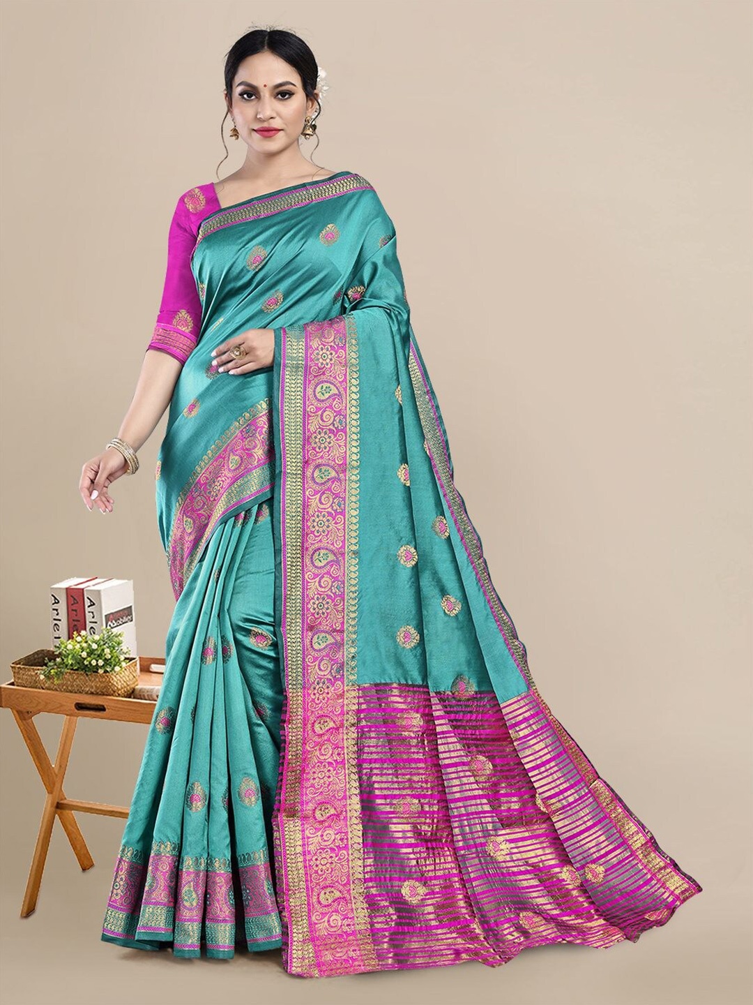 

Mitera Woven Design Zari Silk Blend Saree, Turquoise blue