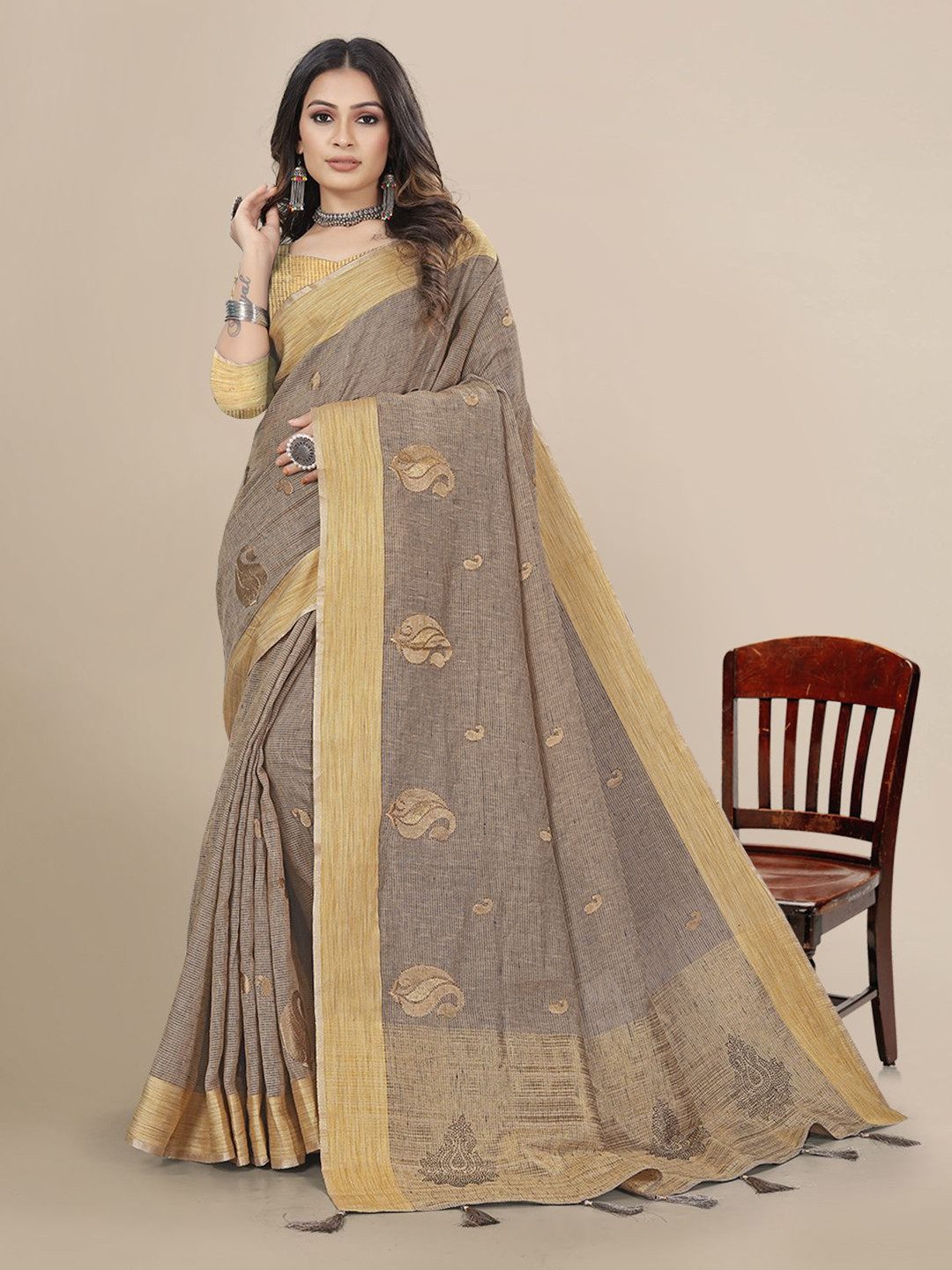 

Mitera Ethnic Motifs Pure Linen Chanderi Saree, Beige