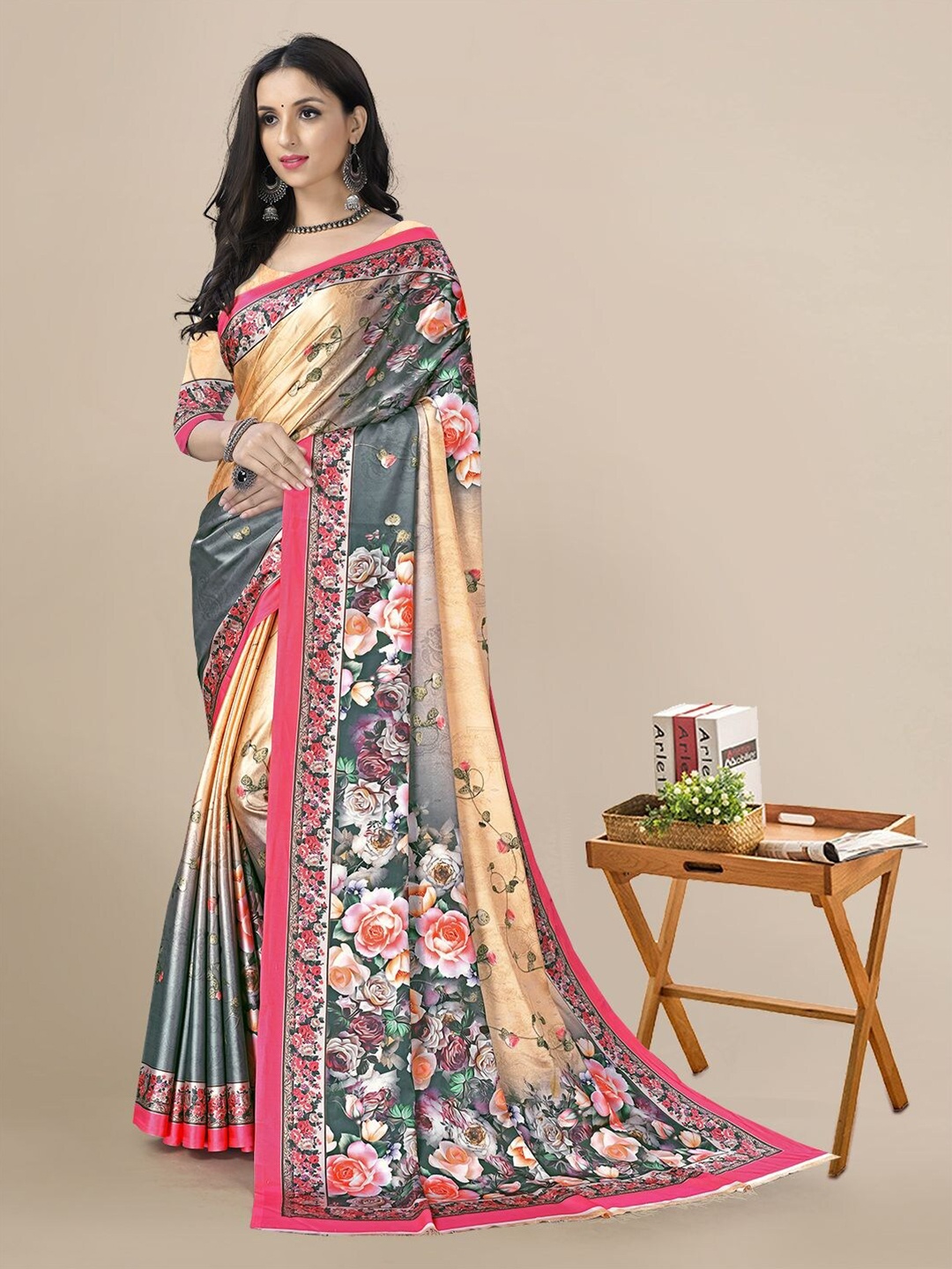 

Mitera Floral Printed Satin Saree, Peach