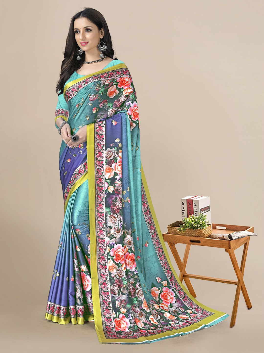 

Mitera Floral Printed Satin Saree, Blue