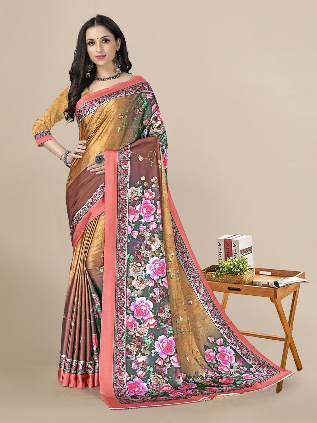 

Mitera Floral Printed Satin Saree, Mustard