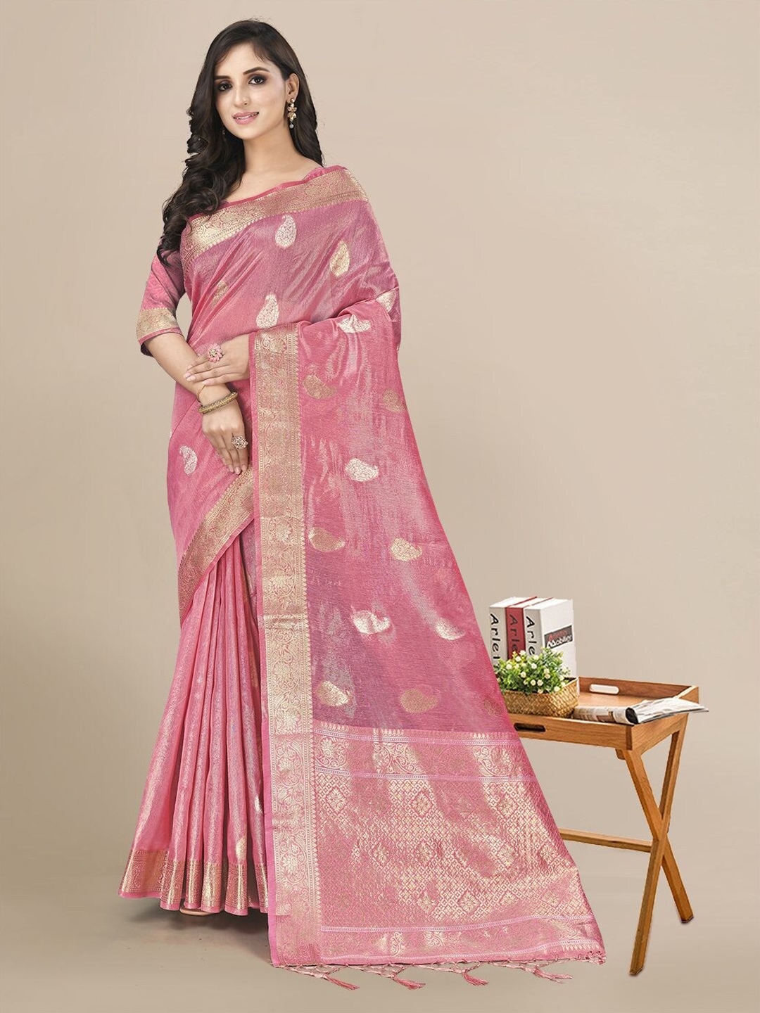 

Mitera Woven Design Zari Linen Blend Saree, Pink