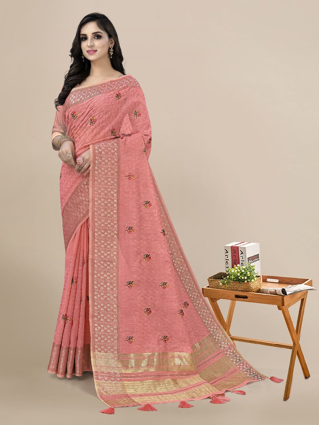 

Mitera Floral Embroidered Linen Blend Saree, Peach