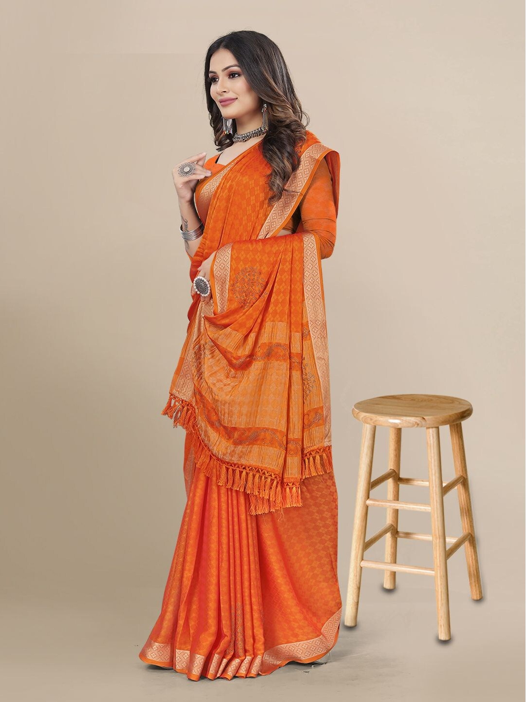 

Mitera Embellished Sequinned Saree, Orange