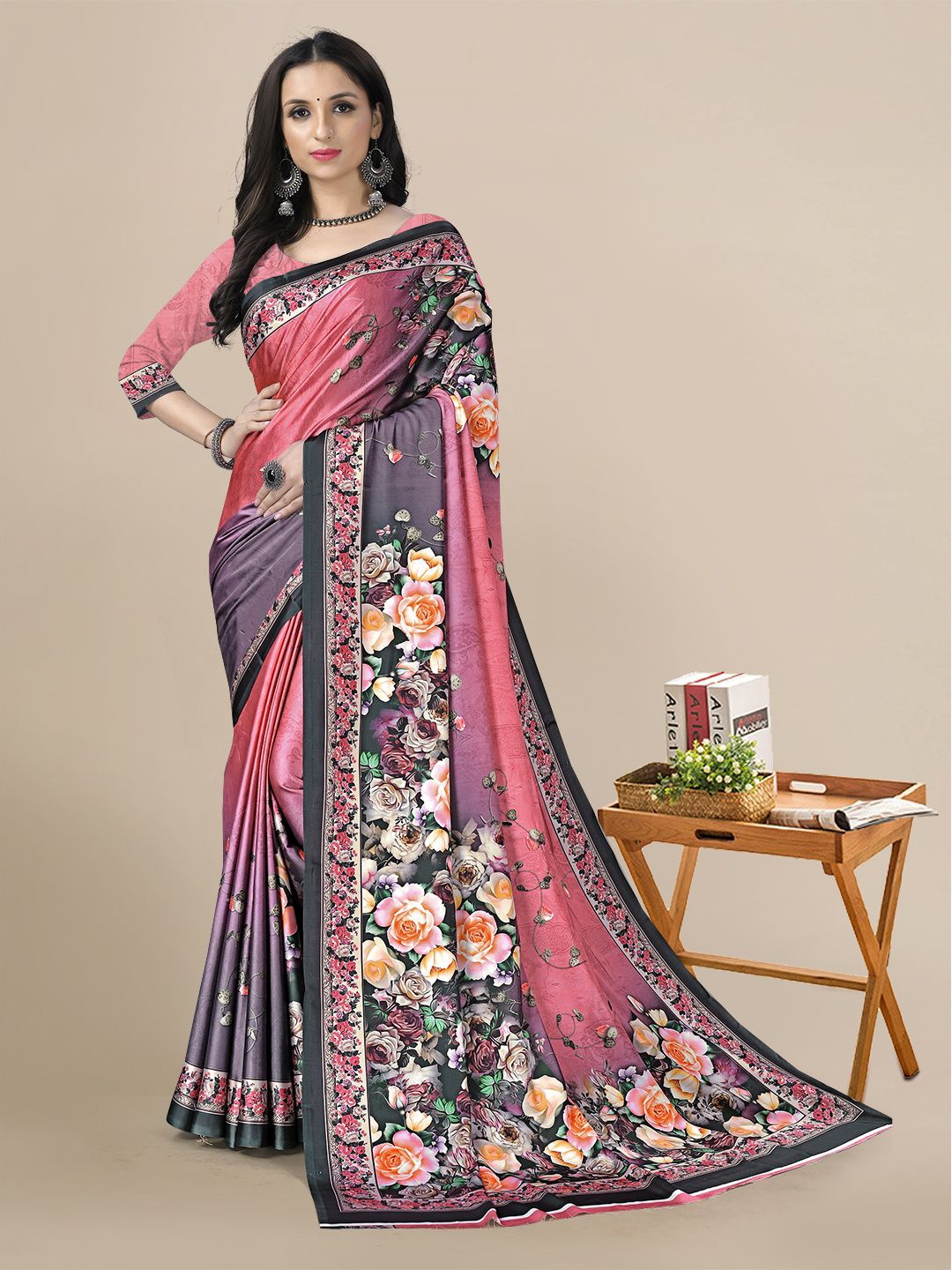 

Mitera Floral Printed Satin Saree, Pink