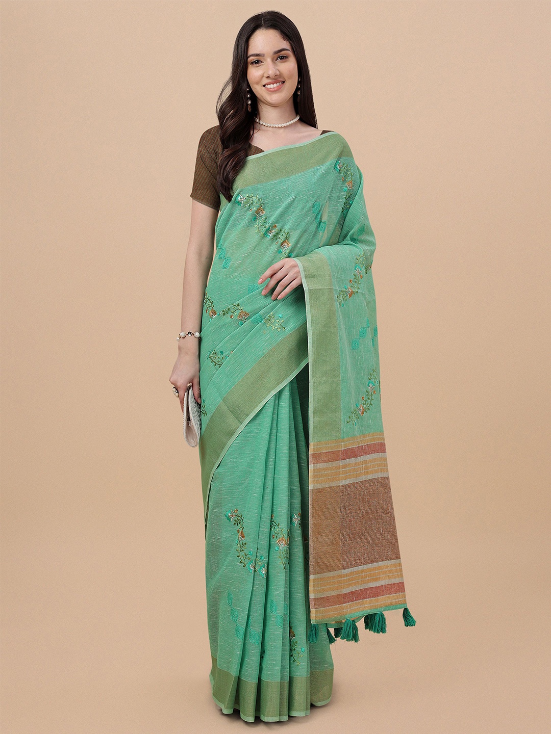 

Mitera Floral Embroidered Pure Linen Chanderi Saree, Turquoise blue