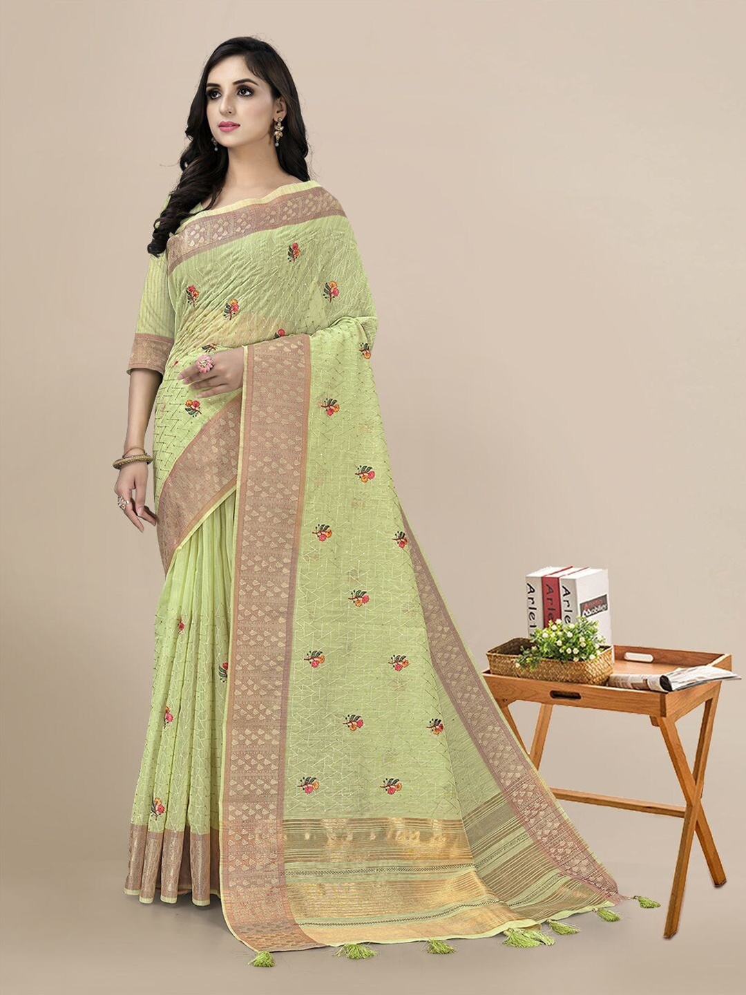

Mitera Floral Embroidered Linen Blend Saree, Green