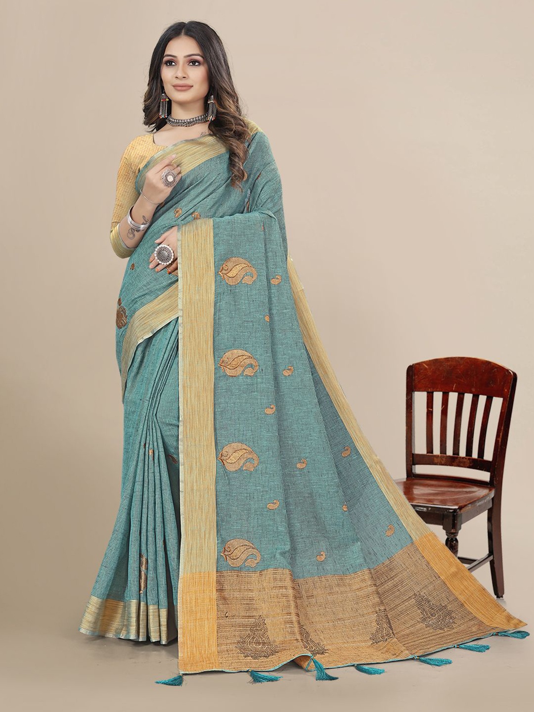 

Mitera Woven Design Pure Linen Saree, Turquoise blue