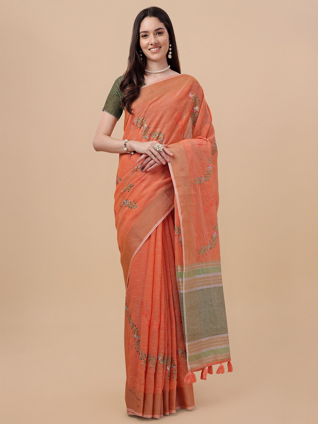 

Mitera Floral Zari Pure Linen Saree, Orange